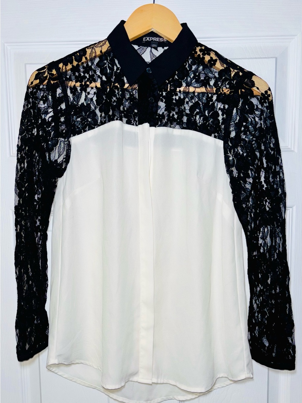 Express Black Lace & White Button-Down Blouse